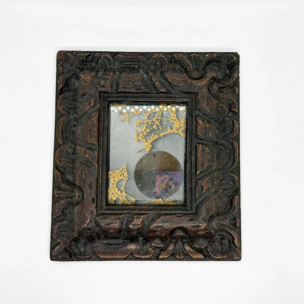 Vtg Chalk ware Carved Wood Gothic Mirror Gold Vamp Halloween Witchy Goth